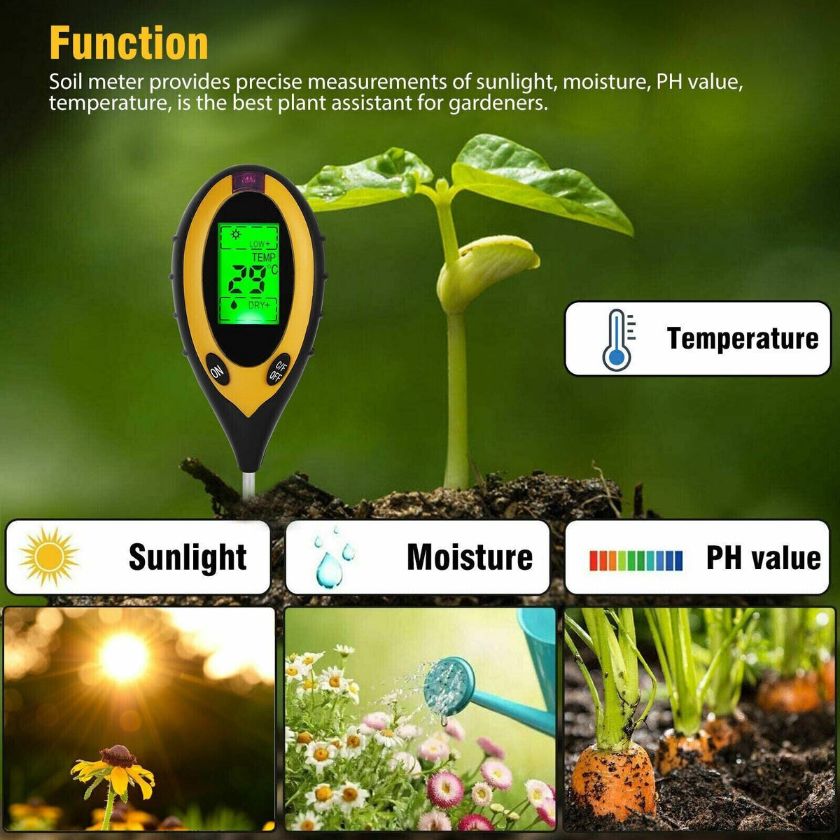 SoilMaster 4-in-1 Digital Soil Moisture, pH & Sunlight Meter