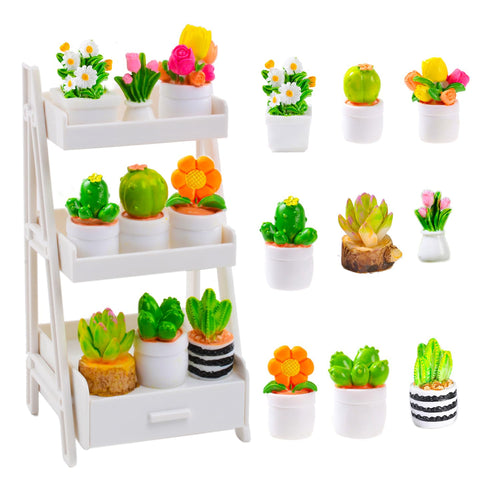 Mini Bonsai Dollhouse Plant Set with White Stand